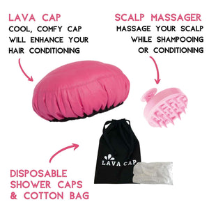 Lava Cap steamer kit contains a microwavable heat cap, scalp massager, shower caps and a cotton bag