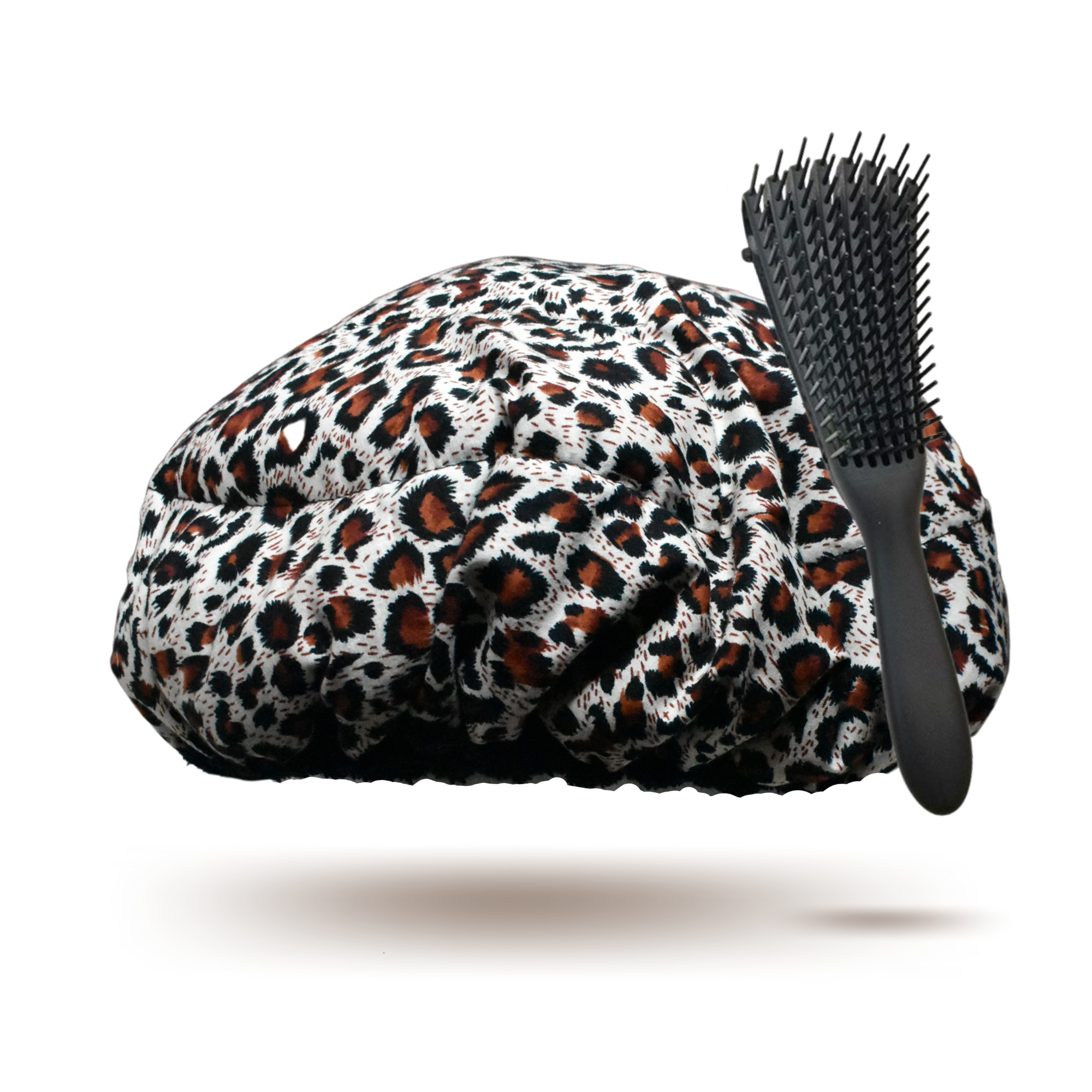 Lava Cap microwavable heat cap UK stock, with detangling hairbrush in leopard print