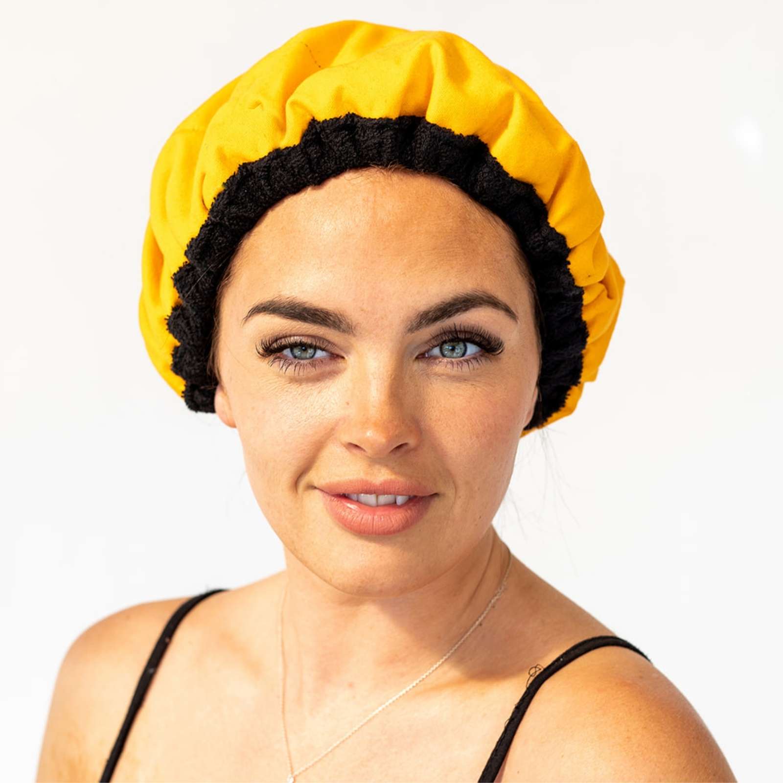 Amber yellow microwavable heat cap UK flaxseed-filled deep conditioning heat cap with black detangler hairbrush