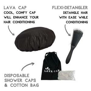 Lava Cap steamer kit contains a microwavable heat cap, hairbrush, shower caps and a cotton bag