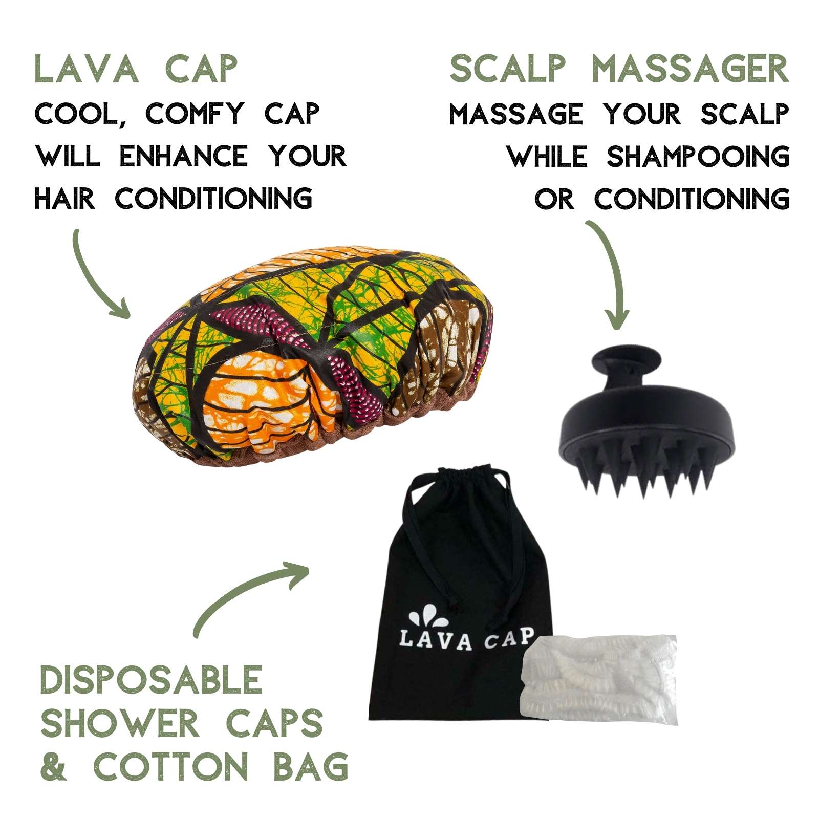 Lava Cap steamer kit contains a microwavable heat cap, scalp massager, shower caps and a cotton bag