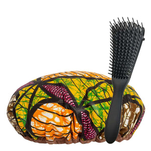 Lava Cap microwavable heat cap UK stock, with detangling hairbrush in Tropikara Ankara African print