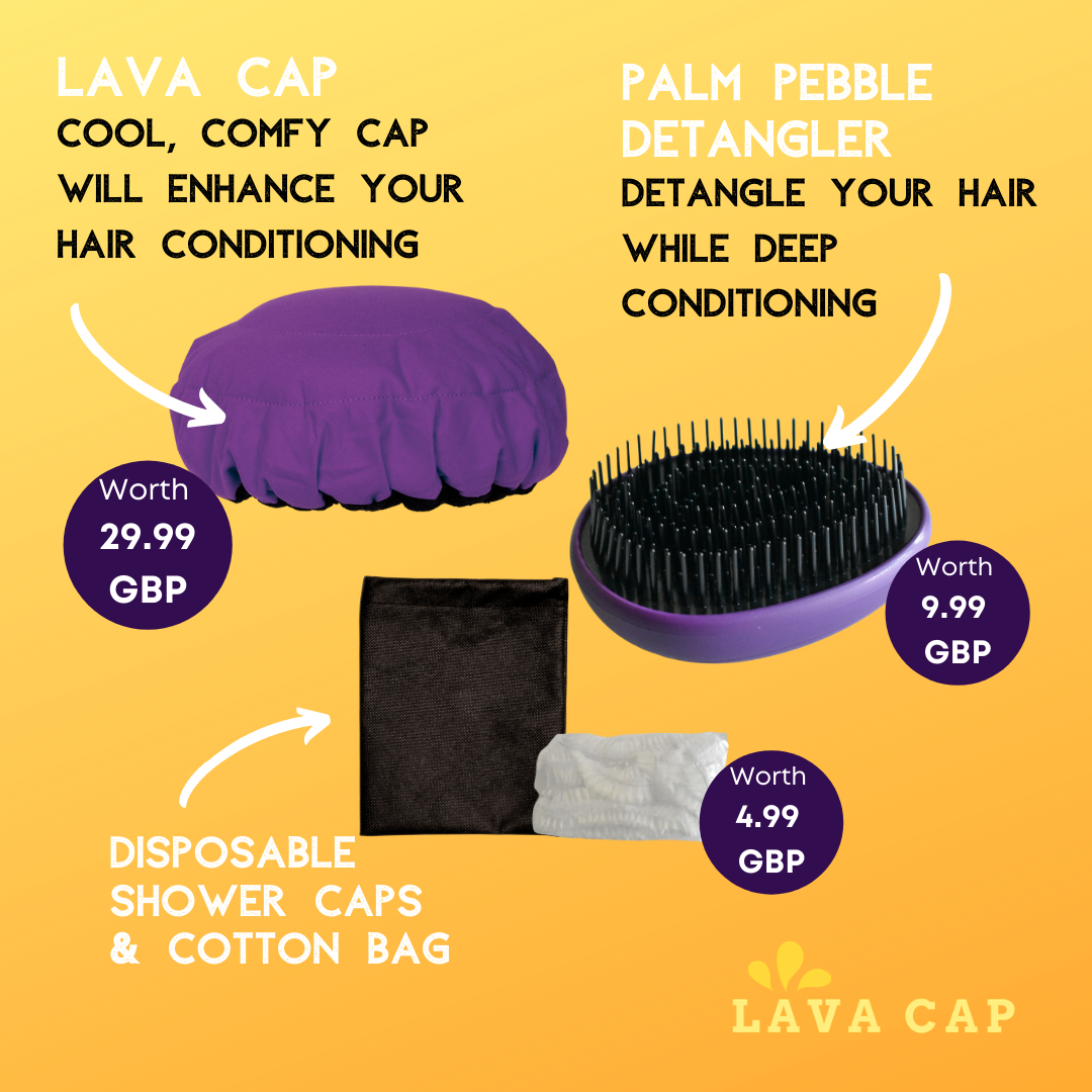 Lava Cap deep conditioning heat cap kits contain a hairbrush, shower caps and a storage bag