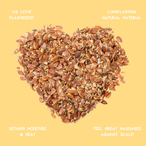 Graphic of flaxseeds (or linseeds) in a heart shape with 4 key benefits stated
