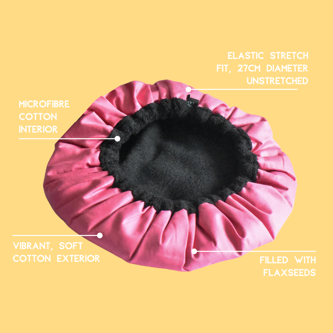 Pink microwavable flaxseed-filled deep conditioning heat cap dimensions and overview