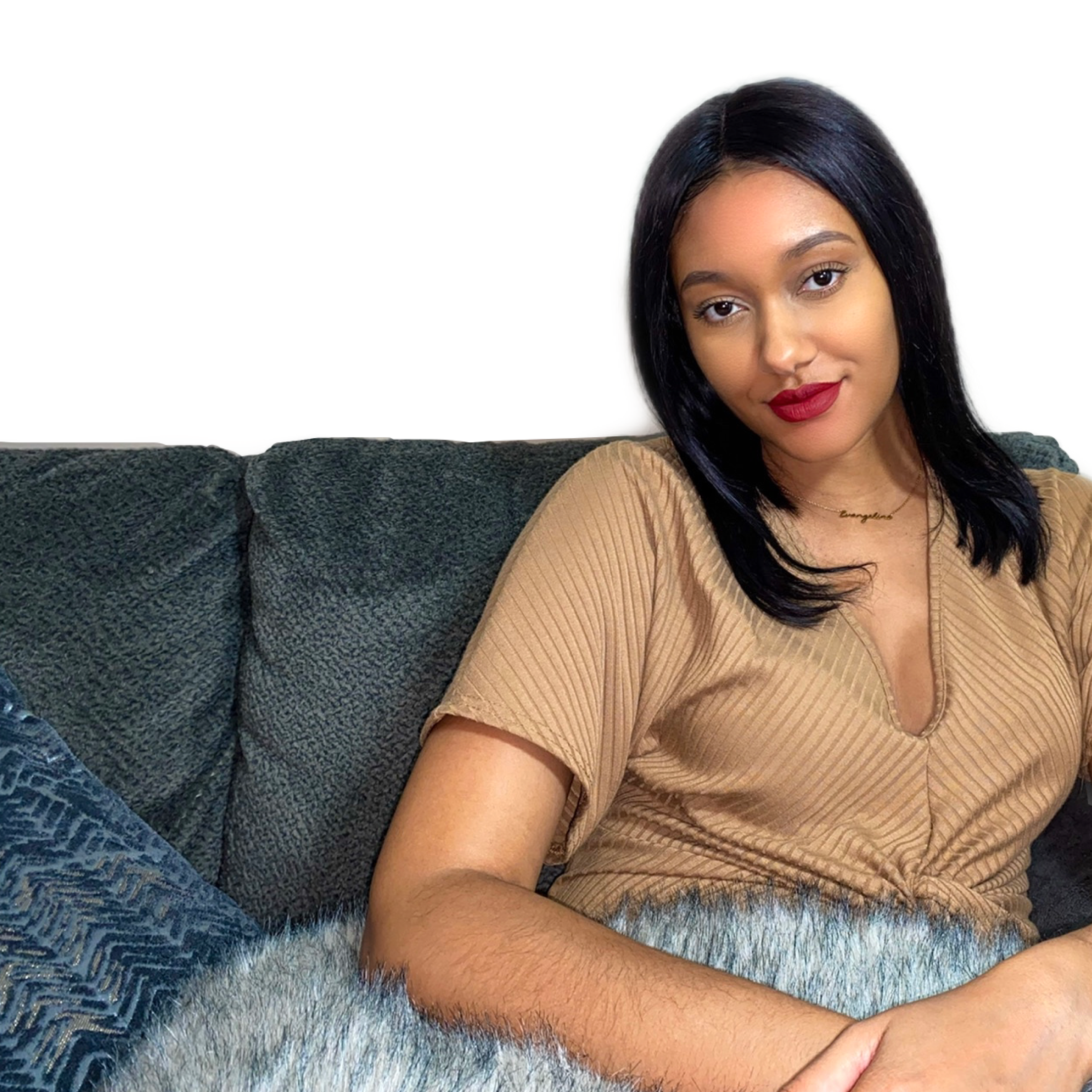 Woman relaxing on the sofa while wearing a lob wig