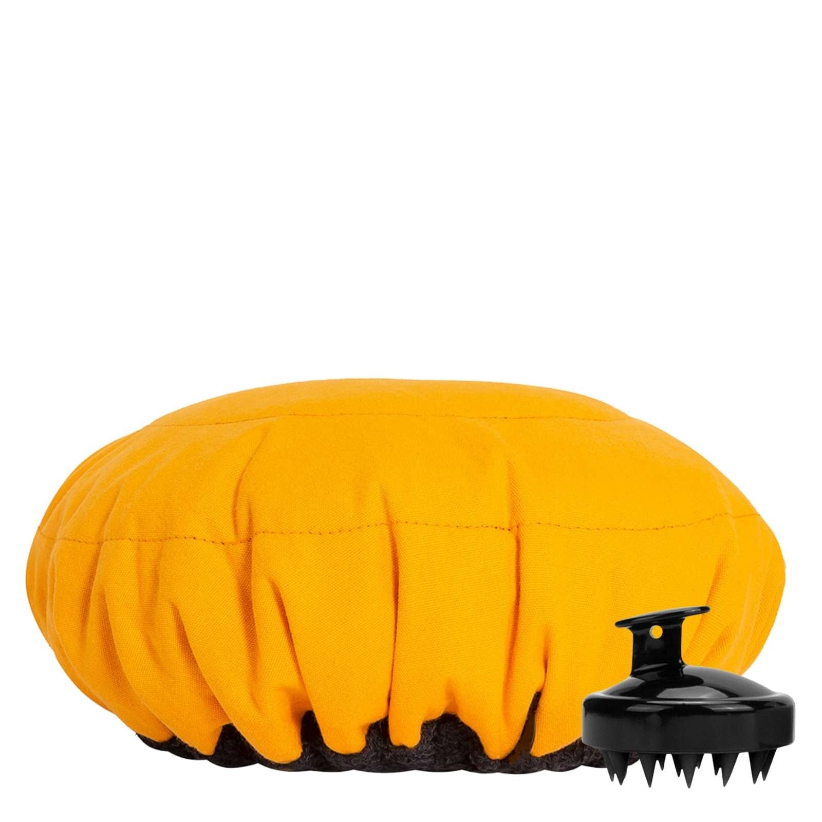 Amber yellow microwavable heat cap UK flaxseed-filled deep conditioning heat cap with black scalp massager