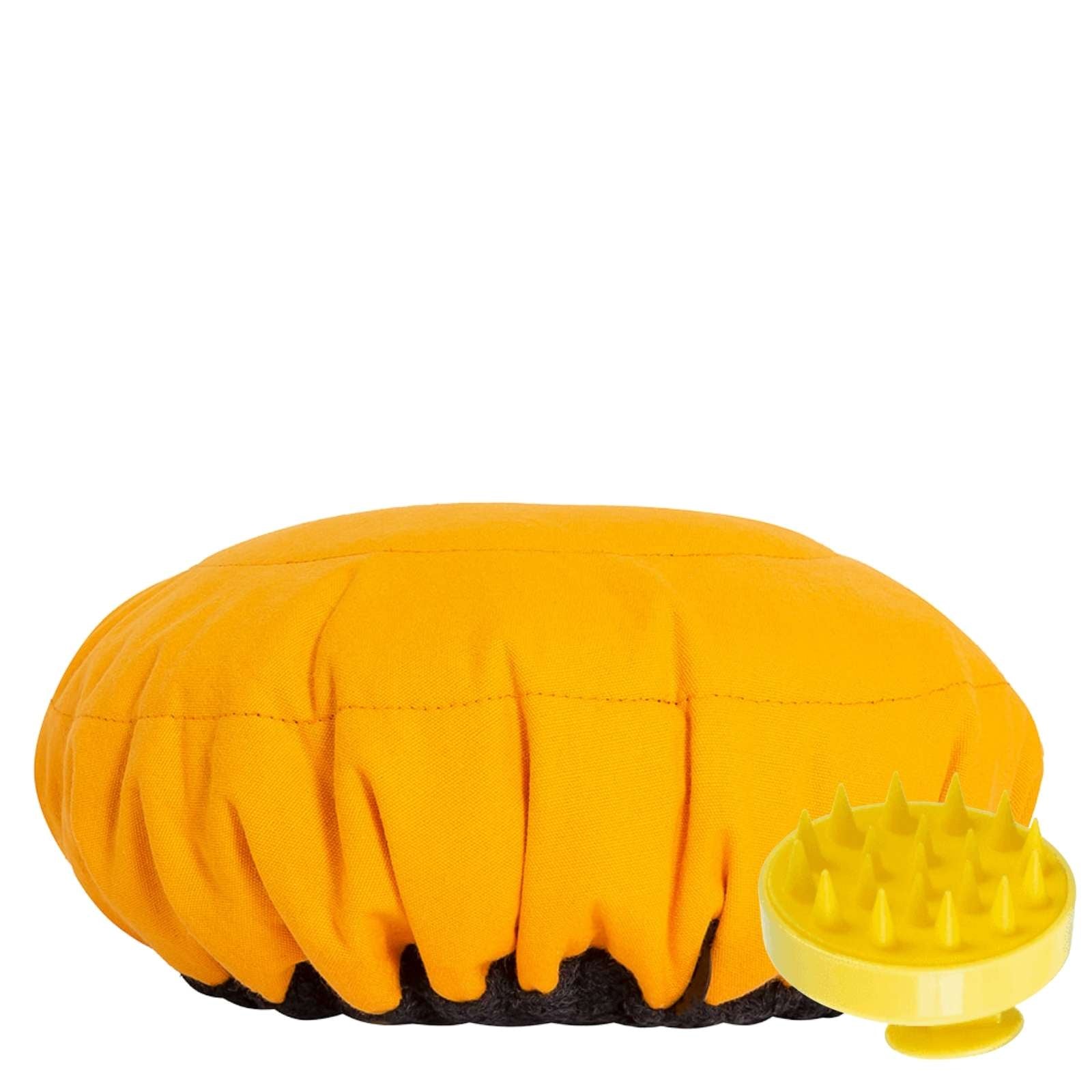 Lava Cap microwavable heat cap UK stock, with scalp massager in Yellow