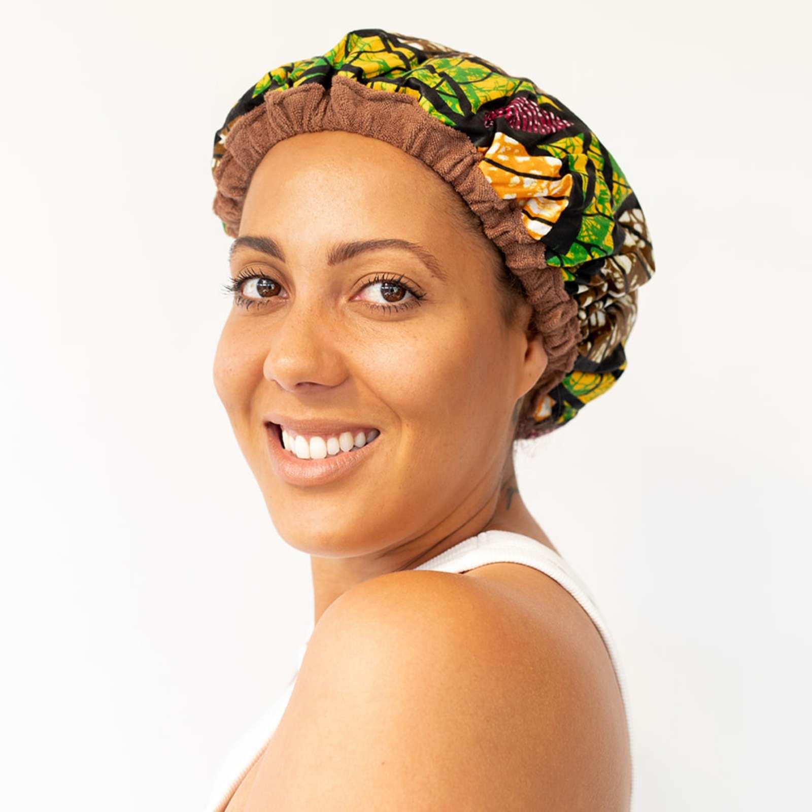 Lava Cap microwavable heat cap UK stock, with detangling hairbrush in Tropikara Ankara African leaf print