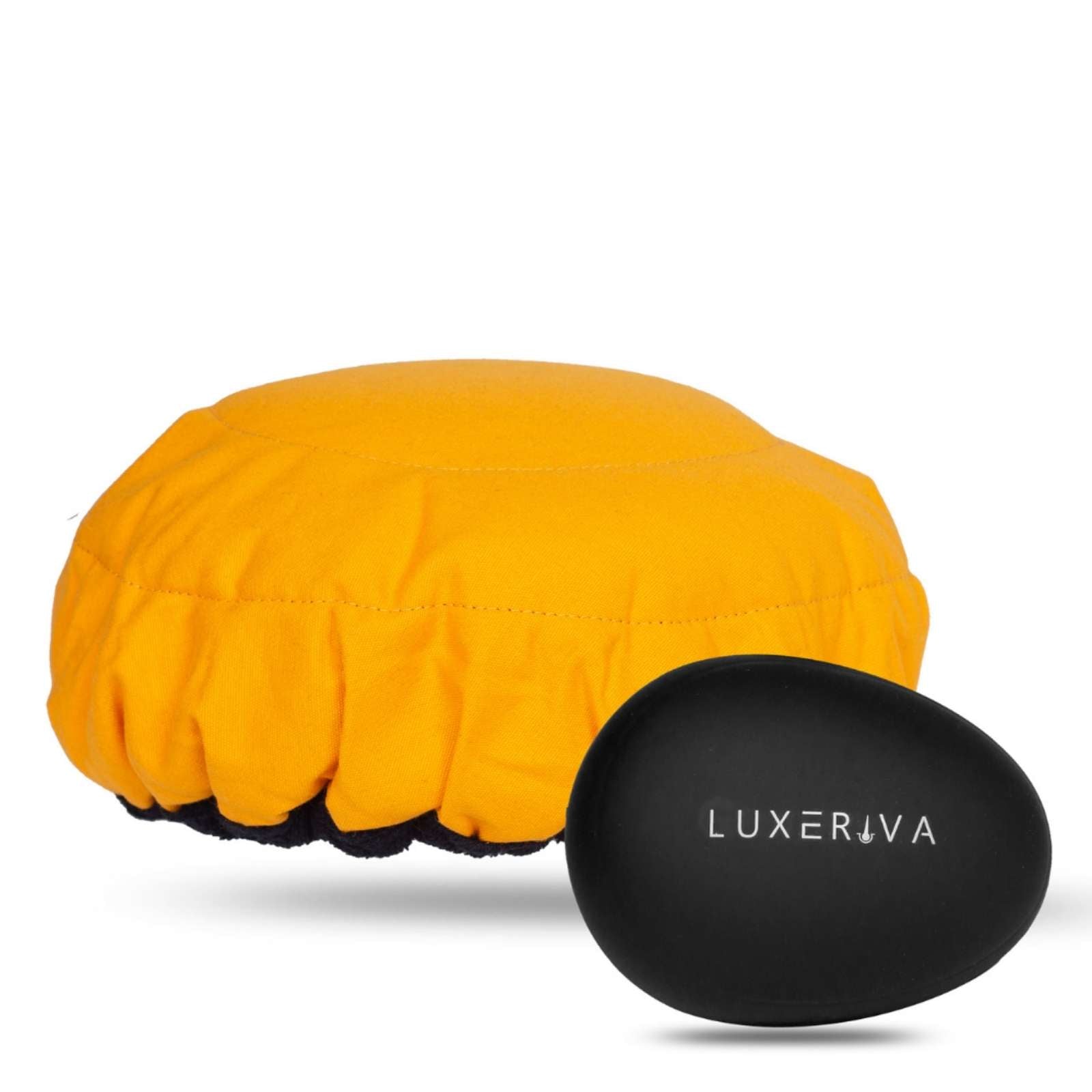 Amber yellow microwavable heat cap UK flaxseed-filled deep conditioning heat cap with black detangler hairbrush