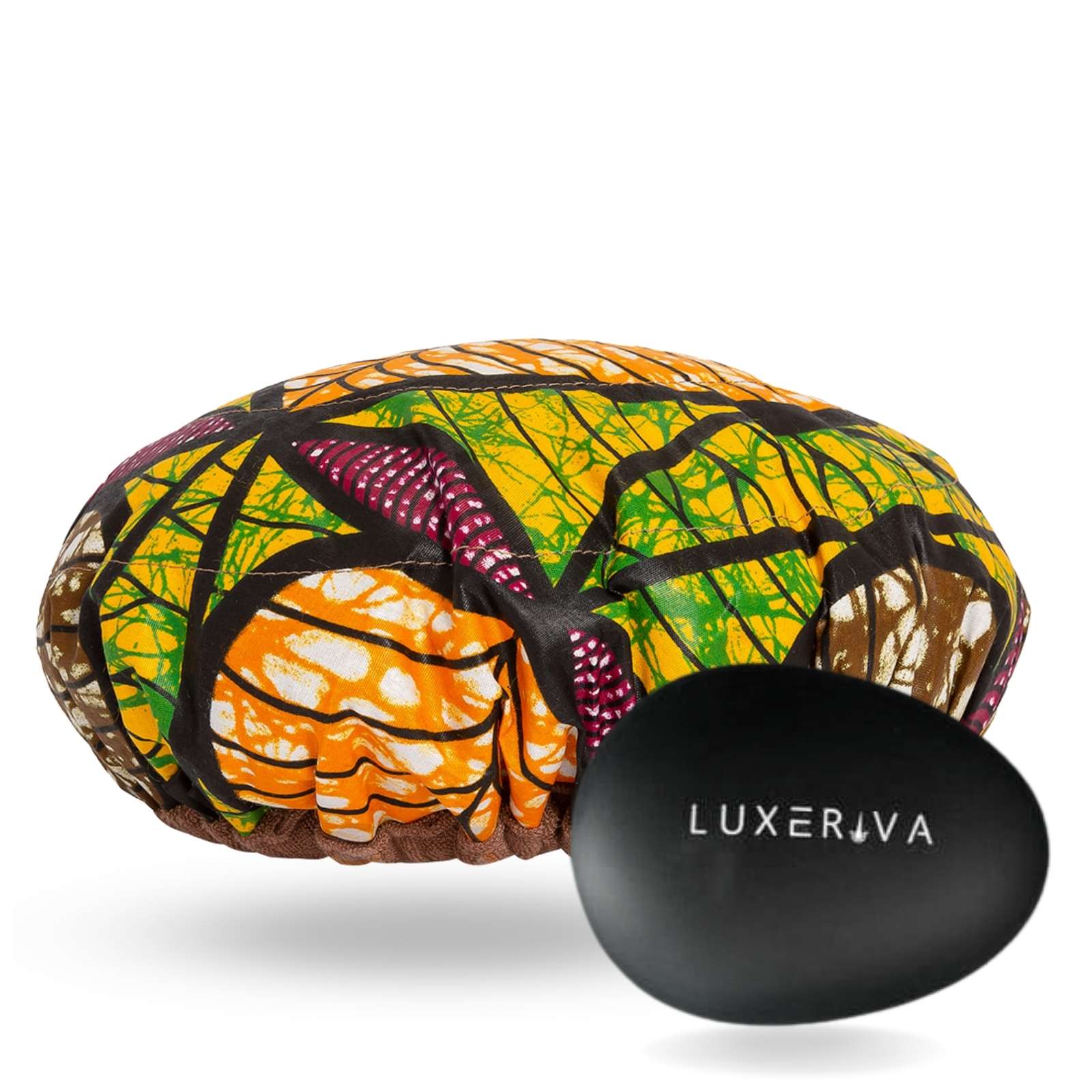 Lava Cap microwavable heat cap UK stock, with detangling hairbrush in Tropikara Ankara African leaf print