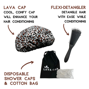 Lava Cap steamer kit contains a microwavable heat cap, hairbrush, shower caps and a cotton bag